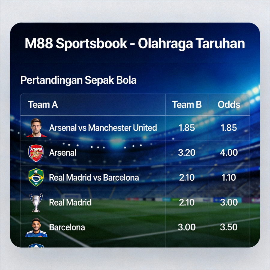 Dashboard taruhan olahraga M88 Sportsbook dengan odds berbagai pertandingan sepak bola